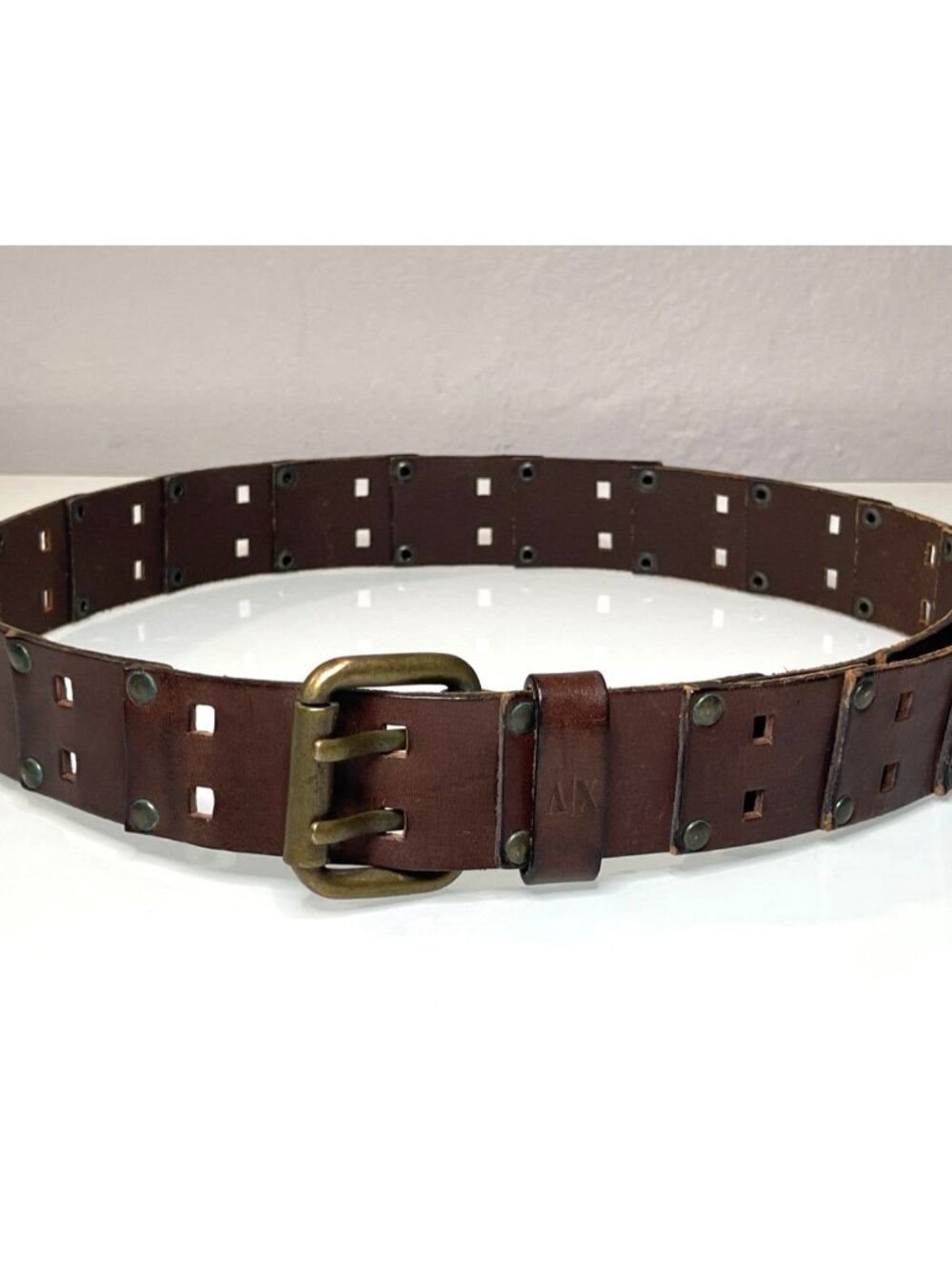 Armani Exchange Leather Studded Double Prong Belt Size 36 Brown Made in Italy